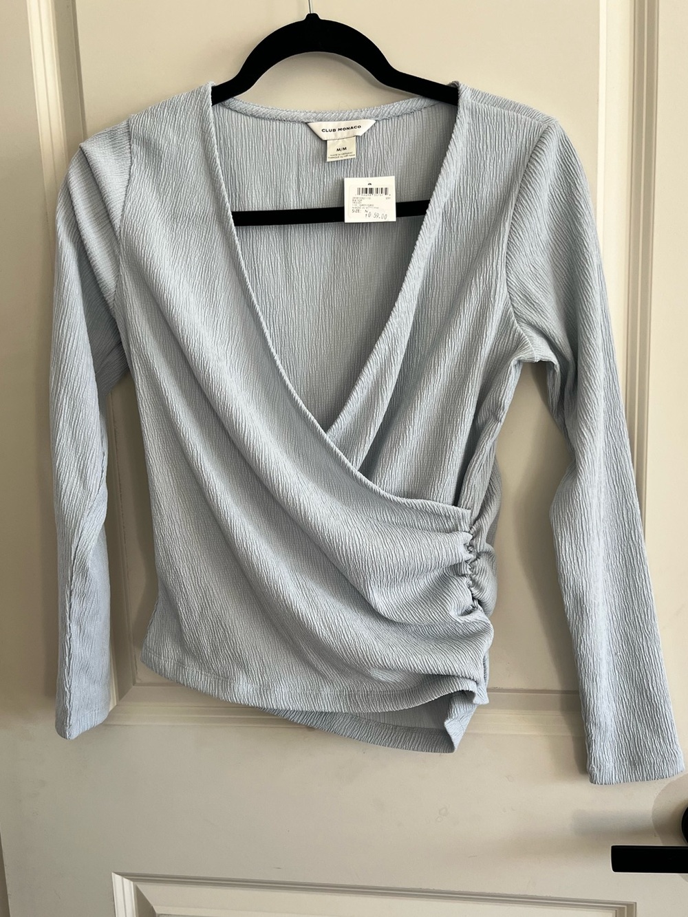 ✨🩵Club Monaco Faux Wrap Long Sleeve Top Grey/Gris Textured Blouse Size M